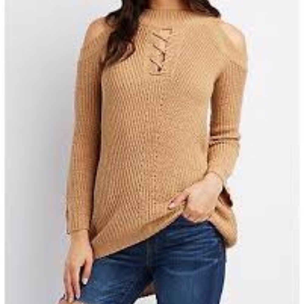 Lace-Up Cold Shoulder Sweater